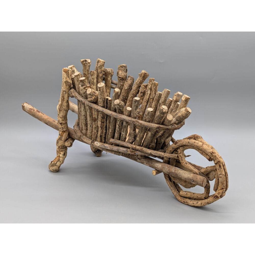 Vintage Hand Made Wood Working Driftwood Stick Logs Wheel Barrow 21" x 10" - Picture 2 of 13